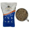 Bag of Vaesen quality seeds for birds and pets, with a bowl of mixed seeds beside it. Ideal for various animals.