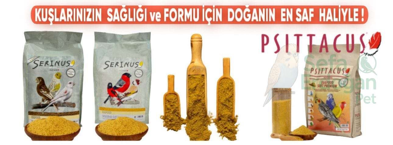 Farklı kuş yemleri ve besin takviyeleri içeren paketler ve şişeler.